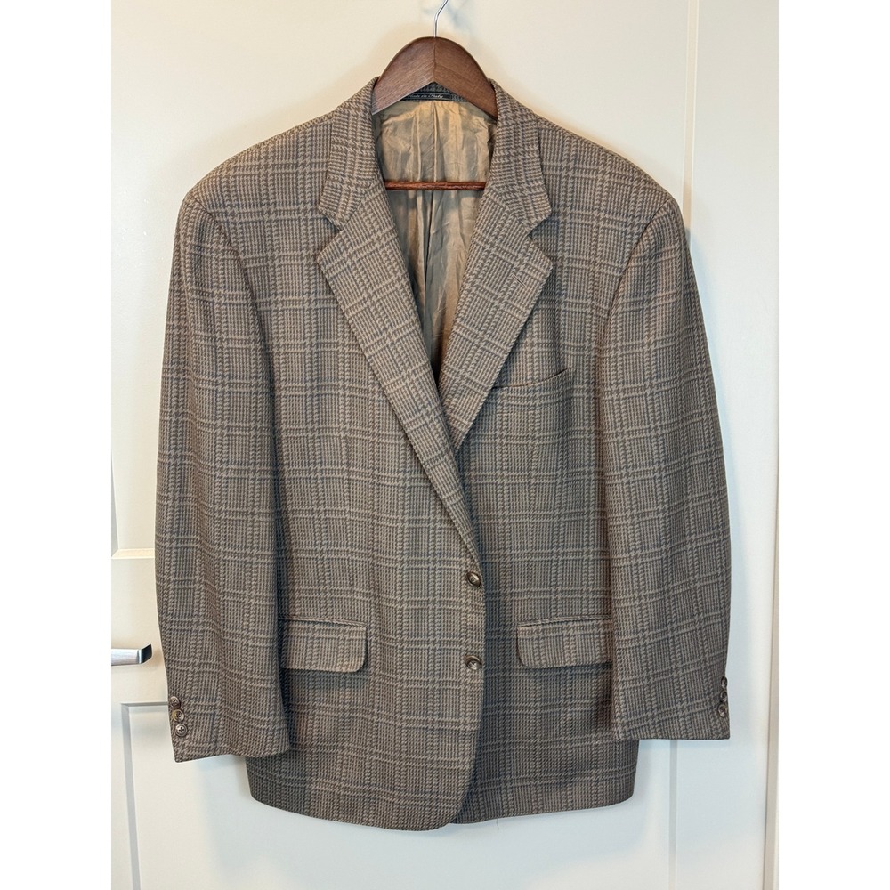 Corneliani Tan Brown Wool Cashmere Plaid Blazer‎ Made in Italy Vintage Size 44R
